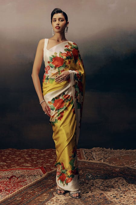 Studio 113_Yellow Satin, Silk Embroidery Floral Designer Saree _Online_at_Aza_Fashions