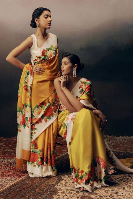 Shop_Studio 113_Yellow Satin, Silk Embroidery Floral Designer Saree _Online_at_Aza_Fashions