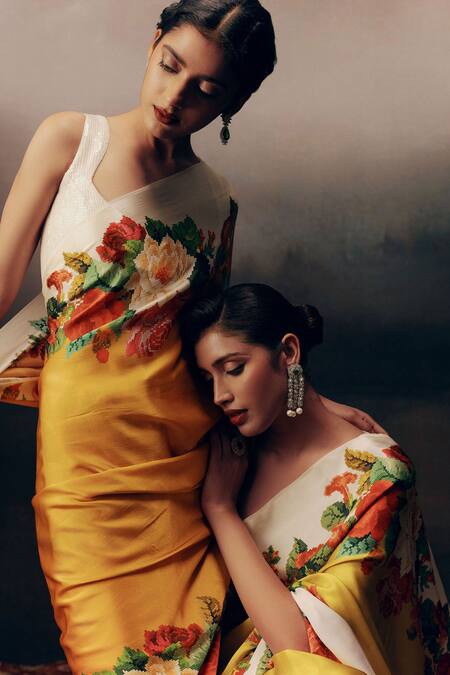 Studio 113_Orange Satin, Silk Embroidery Floral Designer Saree _Online_at_Aza_Fashions