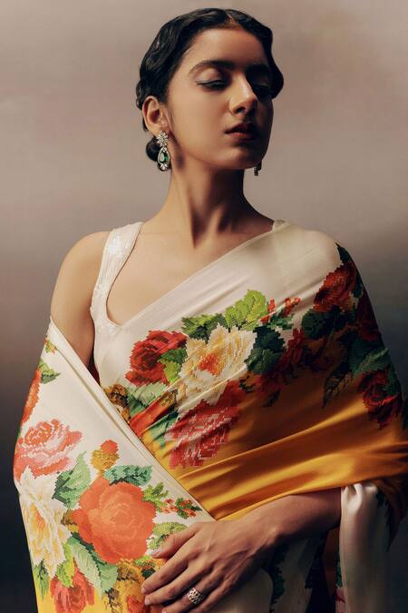 Buy_Studio 113_Orange Satin, Silk Embroidery Floral Designer Saree _Online_at_Aza_Fashions