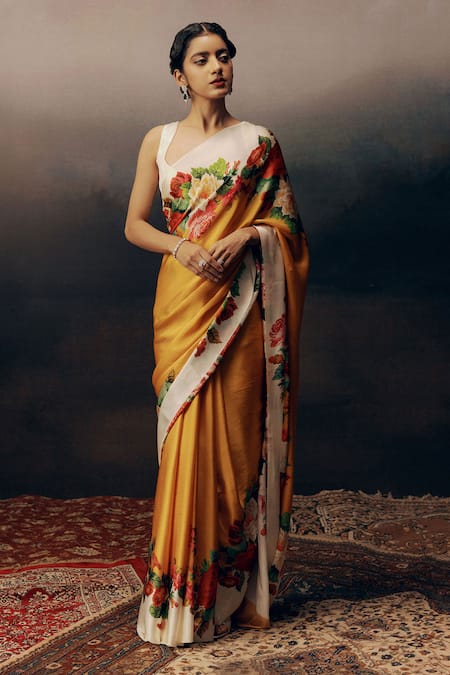 Studio 113 Orange Satin, Silk Embroidery Floral Designer Saree