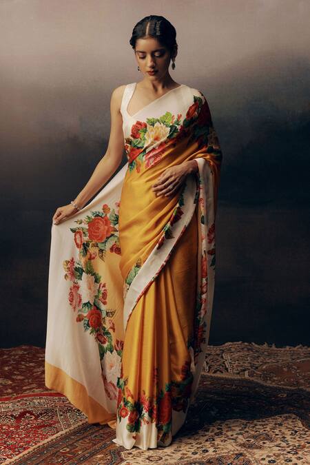 Shop_Studio 113_Orange Satin, Silk Embroidery Floral Designer Saree _Online_at_Aza_Fashions