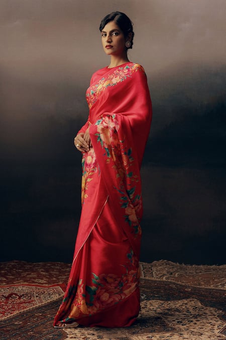 Studio 113_Pink Satin, Silk Designer Floral Saree _Online_at_Aza_Fashions