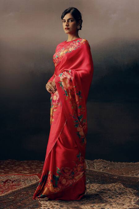 Buy_Studio 113_Pink Satin, Silk Designer Floral Saree _Online_at_Aza_Fashions