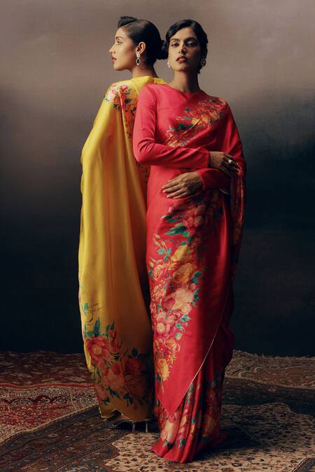 Shop_Studio 113_Pink Satin, Silk Designer Floral Saree _Online_at_Aza_Fashions