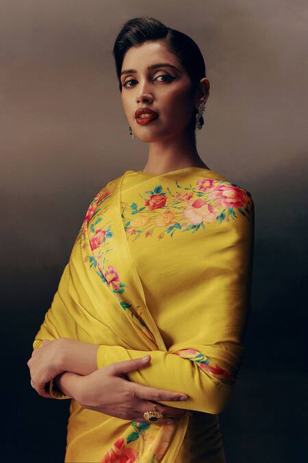Studio 113_Yellow Satin, Silk Embroidery Floral Print Designer Saree _Online_at_Aza_Fashions