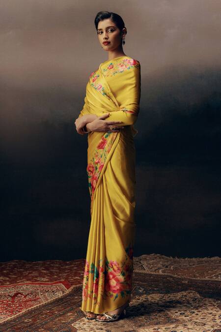 Buy_Studio 113_Yellow Satin, Silk Embroidery Floral Print Designer Saree _Online_at_Aza_Fashions