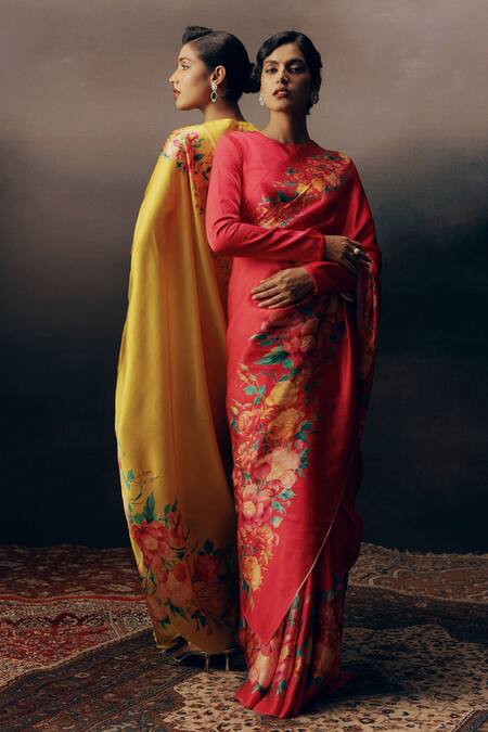 Shop_Studio 113_Yellow Satin, Silk Embroidery Floral Print Designer Saree _Online_at_Aza_Fashions