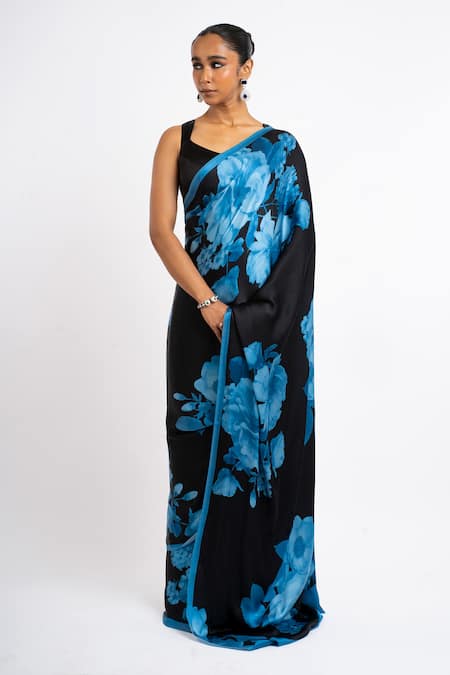 Studio 113_Blue Satin, Silk Floral Saree _Online_at_Aza_Fashions