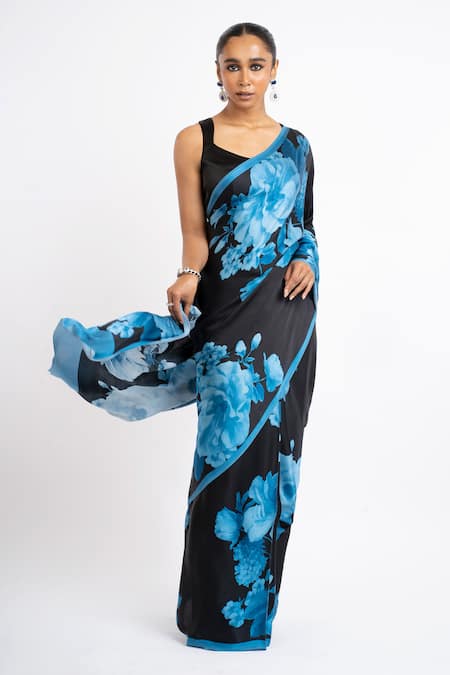 Buy_Studio 113_Blue Satin, Silk Floral Saree _Online_at_Aza_Fashions