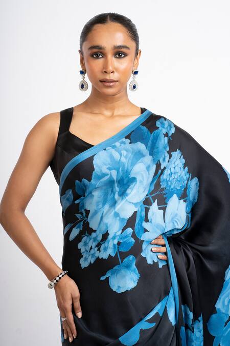 Shop_Studio 113_Blue Satin, Silk Floral Saree _Online_at_Aza_Fashions