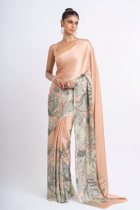 Studio 113 Blush Satin, Silk Embroidery Designer Floral Saree 