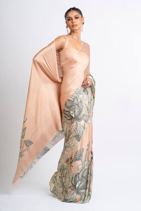 Studio 113_Blush Satin, Silk Embroidery Designer Floral Saree _Online_at_Aza_Fashions