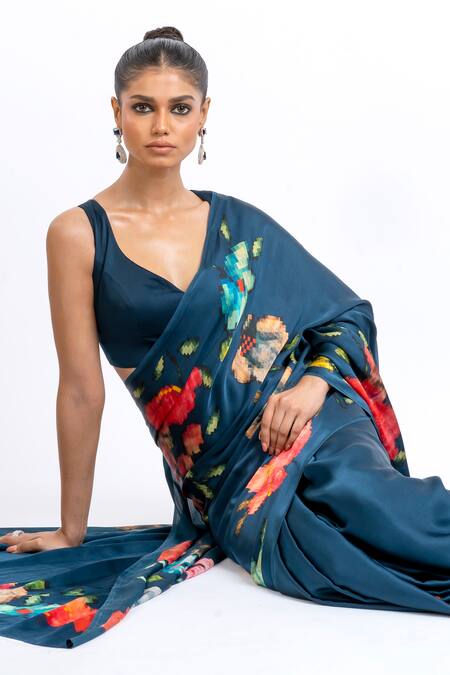 Buy_Studio 113_Blue Satin, Silk Floral Saree _Online_at_Aza_Fashions