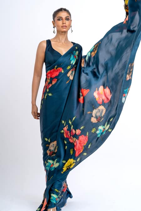 Shop_Studio 113_Blue Satin, Silk Floral Saree _Online_at_Aza_Fashions