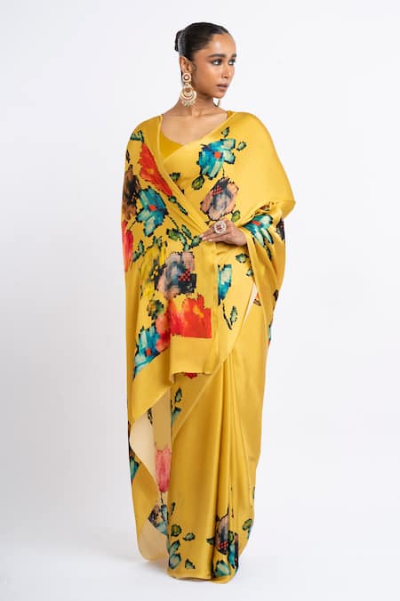 Studio 113_Yellow Satin, Silk Floral Amber Saree _Online_at_Aza_Fashions