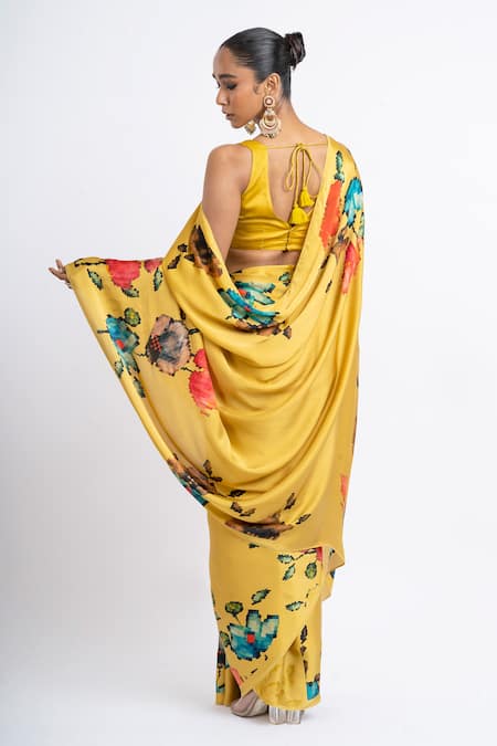 Studio 113 Floral Satin Silk Amber Yellow Saree 