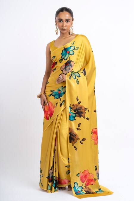 Buy_Studio 113_Yellow Satin, Silk Floral Amber Saree _Online_at_Aza_Fashions