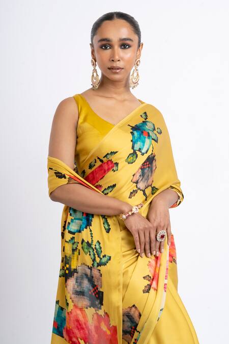 Shop_Studio 113_Yellow Satin, Silk Floral Amber Saree _Online_at_Aza_Fashions