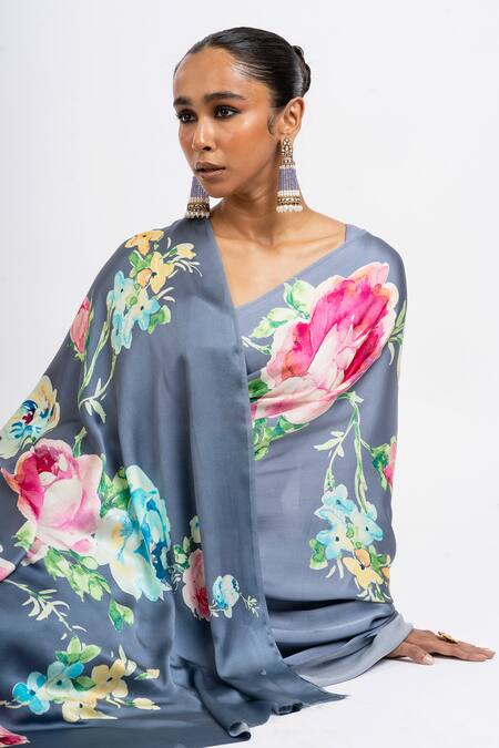 Buy Studio 113 Gray Satin, Silk Floral Designer Saree Online at Aza Fashions Buy_Studio 113_Gray Satin, Silk Floral Designer Saree _Online_at_Aza_Fashions