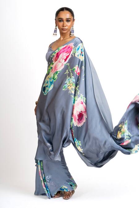 Shop Studio 113 Gray Satin, Silk Floral Designer Saree Online at Aza Fashions Shop_Studio 113_Gray Satin, Silk Floral Designer Saree _Online_at_Aza_Fashions
