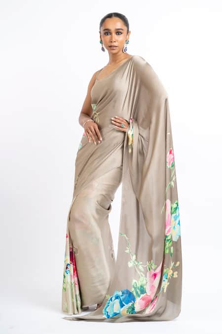 Studio 113_Beige Satin, Silk Floral Saree _Online_at_Aza_Fashions