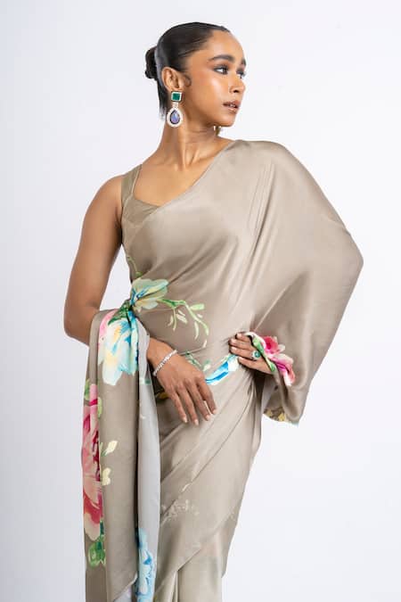 Buy_Studio 113_Beige Satin, Silk Floral Saree _Online_at_Aza_Fashions