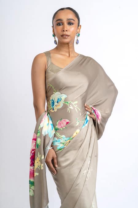 Shop_Studio 113_Beige Satin, Silk Floral Saree _Online_at_Aza_Fashions