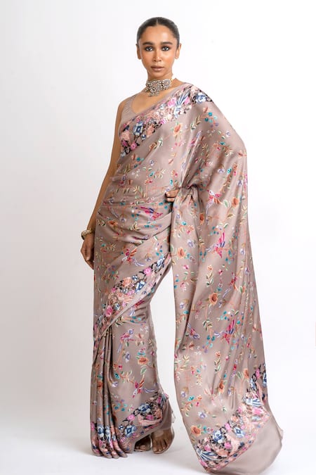 Studio 113_Beige Satin, Silk Embroidery Floral Designer Saree _Online_at_Aza_Fashions