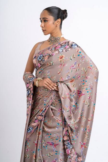 Buy_Studio 113_Beige Satin, Silk Embroidery Floral Designer Saree _Online_at_Aza_Fashions