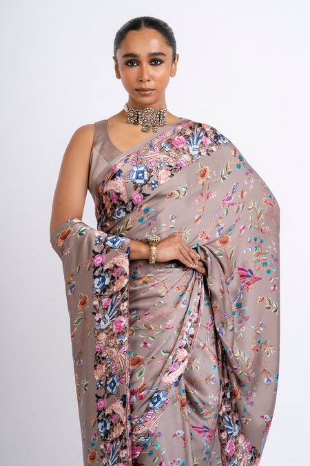 Shop_Studio 113_Beige Satin, Silk Embroidery Floral Designer Saree _Online_at_Aza_Fashions