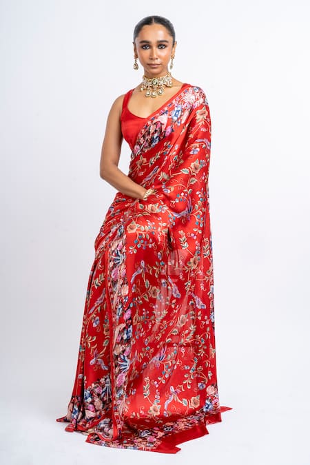 Studio 113_Red Satin, Silk Embroidery Floral Saree _Online_at_Aza_Fashions