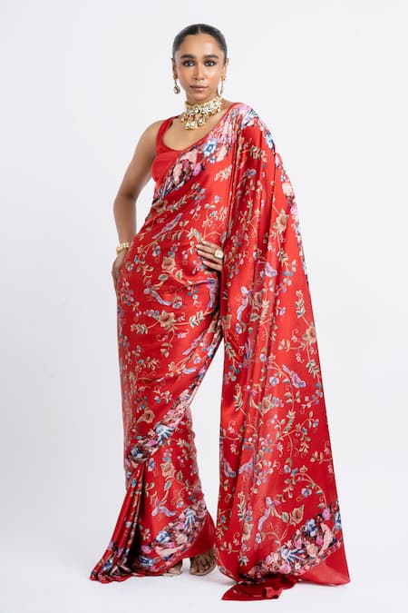 Studio 113 Red Satin, Silk Embroidery Floral Saree 