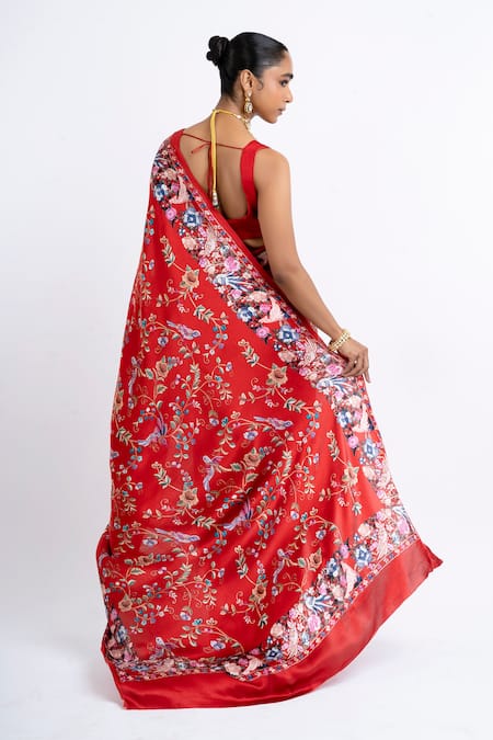 Studio 113 Floral Satin Silk Red Saree 