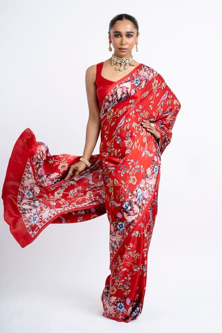 Buy_Studio 113_Red Satin, Silk Embroidery Floral Saree _Online_at_Aza_Fashions