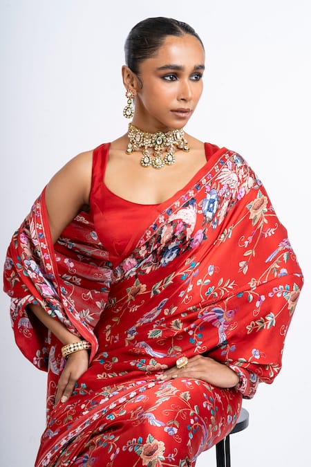 Shop_Studio 113_Red Satin, Silk Embroidery Floral Saree _Online_at_Aza_Fashions