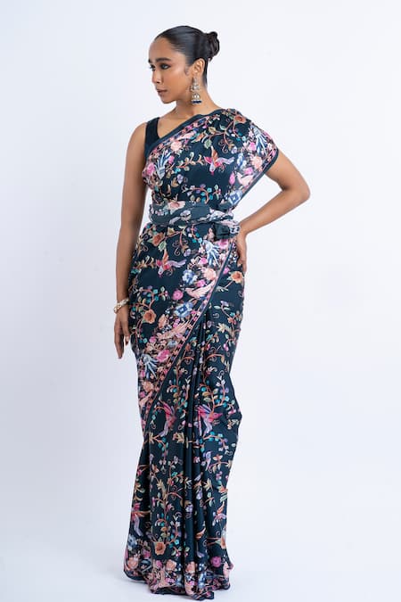 Studio 113 Navy Satin, Silk Embroidery Floral Print Saree Online at Aza Fashions Studio 113_Navy Satin, Silk Embroidery Floral Print Saree _Online_at_Aza_Fashions