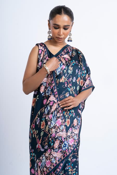 Buy Studio 113 Navy Satin, Silk Embroidery Floral Print Saree Online at Aza Fashions Buy_Studio 113_Navy Satin, Silk Embroidery Floral Print Saree _Online_at_Aza_Fashions