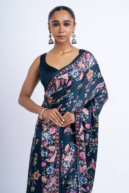 Shop Studio 113 Navy Satin, Silk Embroidery Floral Print Saree Online at Aza Fashions Shop_Studio 113_Navy Satin, Silk Embroidery Floral Print Saree _Online_at_Aza_Fashions