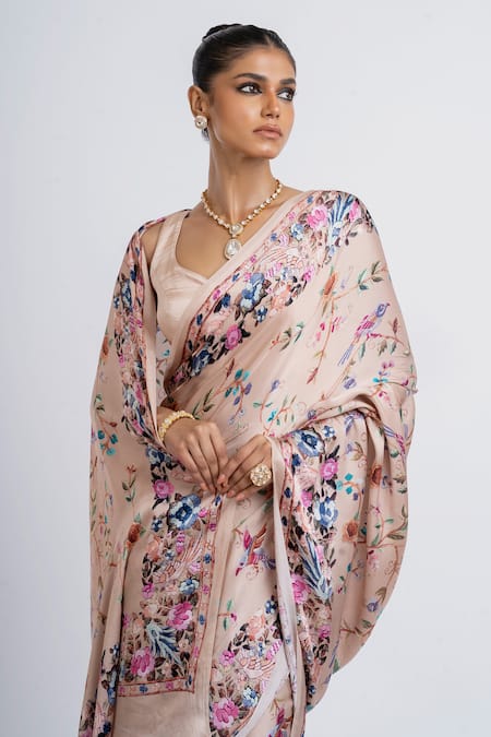 Studio 113_Blush Satin, Silk Embroidery Floral Saree _Online_at_Aza_Fashions