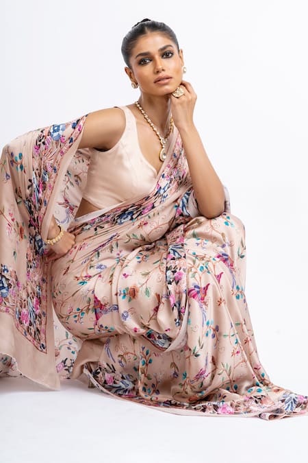 Buy_Studio 113_Blush Satin, Silk Embroidery Floral Saree _Online_at_Aza_Fashions