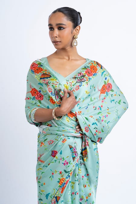 Studio 113_Blue Satin, Silk Embroidery Floral Print Saree _Online_at_Aza_Fashions