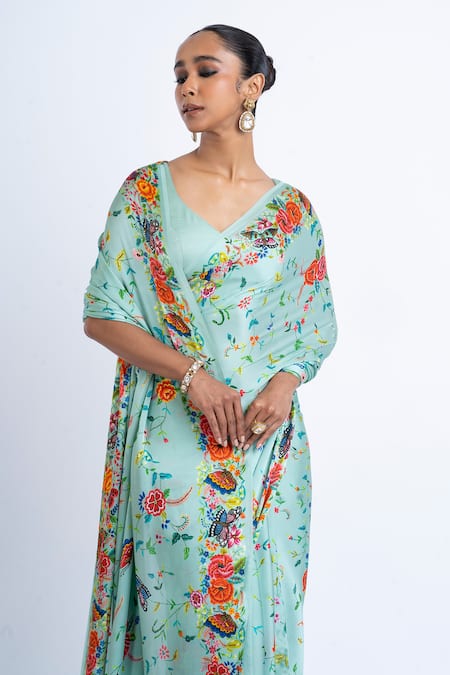 Buy_Studio 113_Blue Satin, Silk Embroidery Floral Print Saree _Online_at_Aza_Fashions