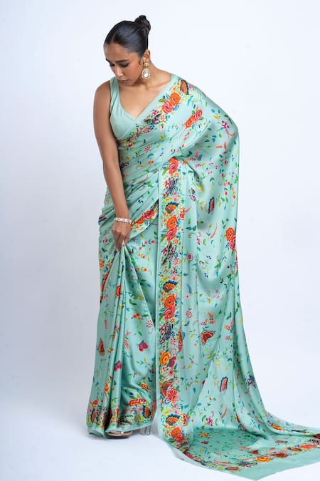 Shop_Studio 113_Blue Satin, Silk Embroidery Floral Print Saree _Online_at_Aza_Fashions