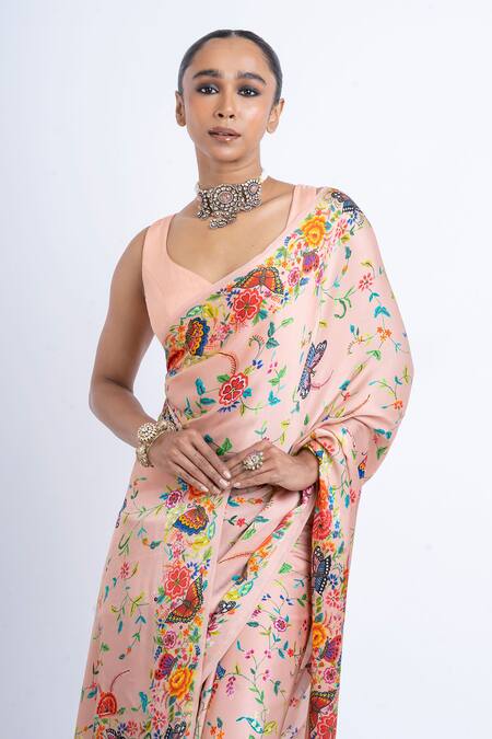 Studio 113 Blush Satin, Silk Embroidery Floral Print Saree Online at Aza Fashions Studio 113_Blush Satin, Silk Embroidery Floral Print Saree _Online_at_Aza_Fashions