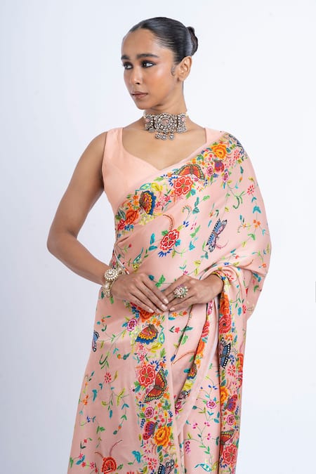 Buy Studio 113 Blush Satin, Silk Embroidery Floral Print Saree Online at Aza Fashions Buy_Studio 113_Blush Satin, Silk Embroidery Floral Print Saree _Online_at_Aza_Fashions