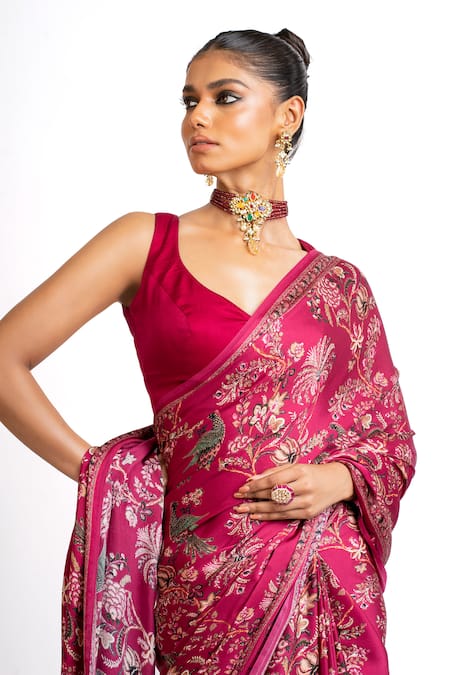 Shop_Studio 113_Pink Satin, Silk Embroidery Designer Saree _Online_at_Aza_Fashions