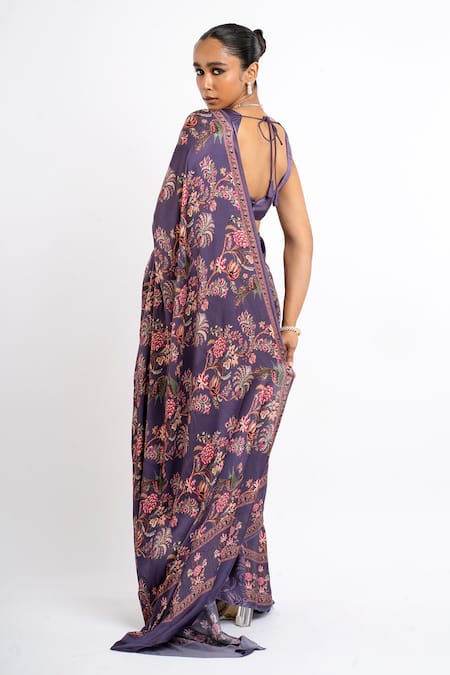 Buy_Studio 113_Purple Satin, Silk Embroidery Floral Designer Saree _Online_at_Aza_Fashions