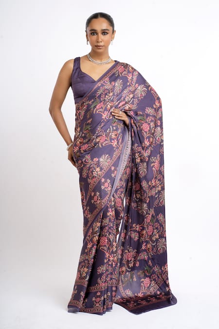 Studio 113 Purple Satin, Silk Embroidery Floral Designer Saree