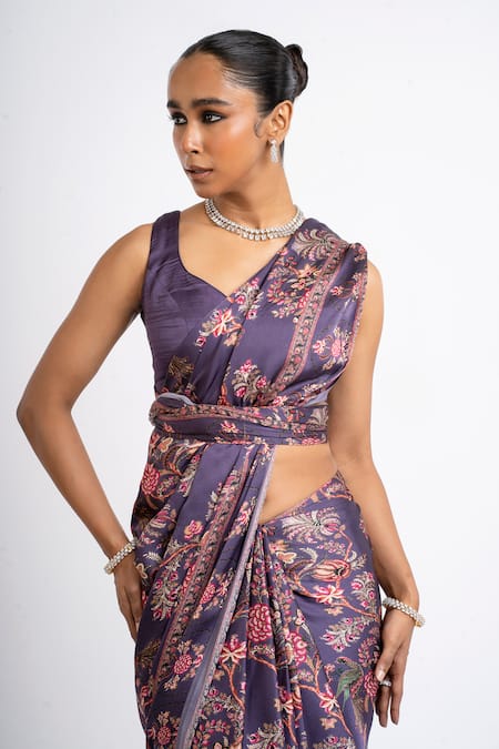Shop_Studio 113_Purple Satin, Silk Embroidery Floral Designer Saree _Online_at_Aza_Fashions